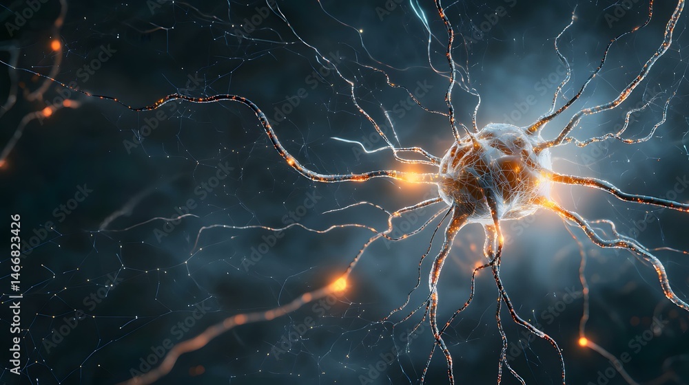 Aufkleber the image shows a detailed 3d rendering of a neuron, a nerve cell, with its intricate network of den