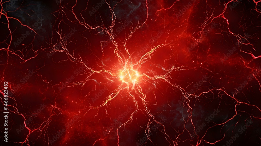 Poster the image shows a fiery, red nebula with glowing, branching veins of light emanating from a central,