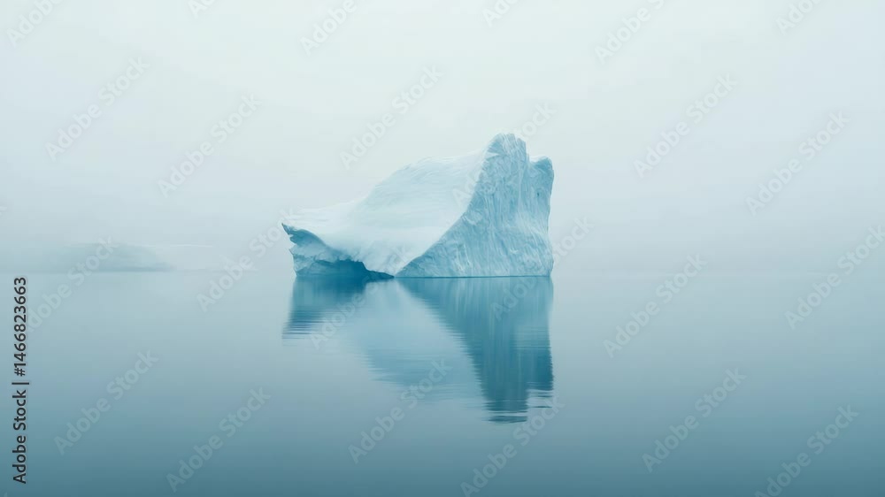 Poster iceberg floating in calm icy water with fog in the background, creating a serene, minimalist polar l