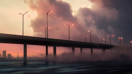 A dramatic cloudy sunset sky frames a long bridge with glowing light poles, spanning a rippling sea and fading into a blurred urban silhouette.  