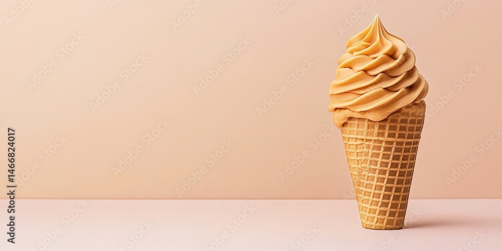 Poster caramel swirl soft serve ice cream in a waffle cone, isolated on a minimal beige background