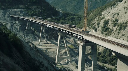 A dramatic construction site of a high-speed railway bridge, its massive spans connecting the valley's edges, surrounded by rugged natural beauty.  
