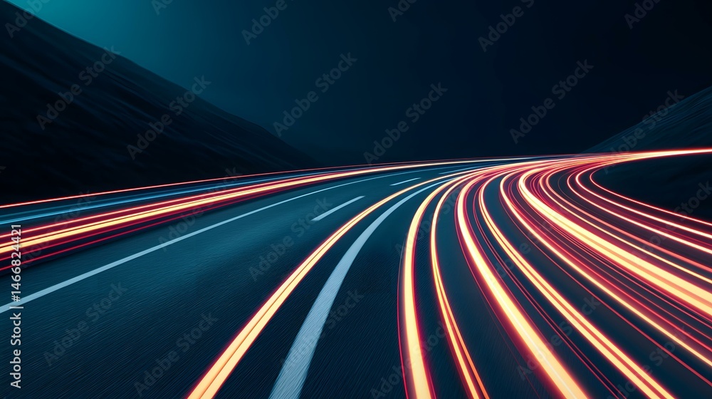 Poster the image shows a nighttime long-exposure photograph of a curving road with streaks of red and orang