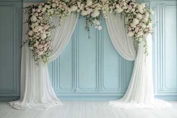 Elegant floral wedding backdrop with sheer drapes