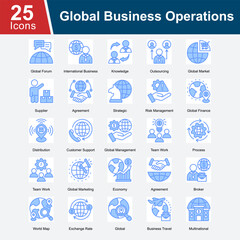 Global Business Operations is a collection of icons illustrating international business processes, outsourcing strategies, global supply chain management, risk management, and the dynamics of global.