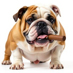 Obraz premium A stout bulldog, cigar clenched in its jaws, isolated on white , friendly, stubborn, strong