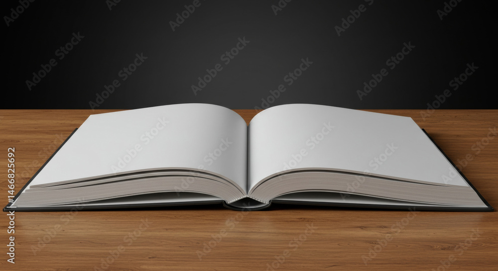 Poster open book with blank pages on wooden surface. a book is open on a wooden table against a dark backgr