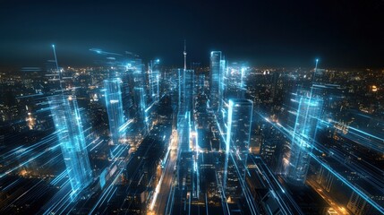 Futuristic Cityscape at Night with Illuminated Glass Buildings in Berlin