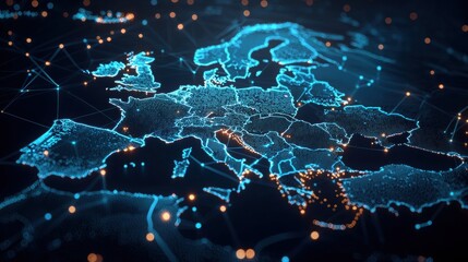 Futuristic Digital Map of Europe Highlighting Capitals with High Fidelity Visualization