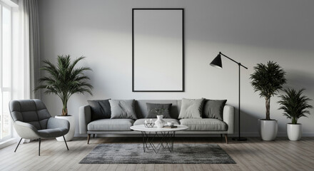 Modern living room featuring a gray sofa and armchair with gray area rug, empty black framed canvas, and plants in light gray pots.