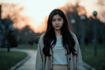 Fototapeta premium Confident Woman with Long Black Hair at Dusk