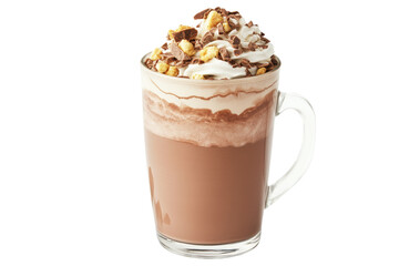 Sumptuous hot chocolate crowned with whipped cream and chocolate chunks beckons on a black canvas