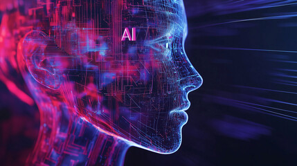 Abstract futuristic background with digital technology and artificial intelligence concepts. Text "AI".