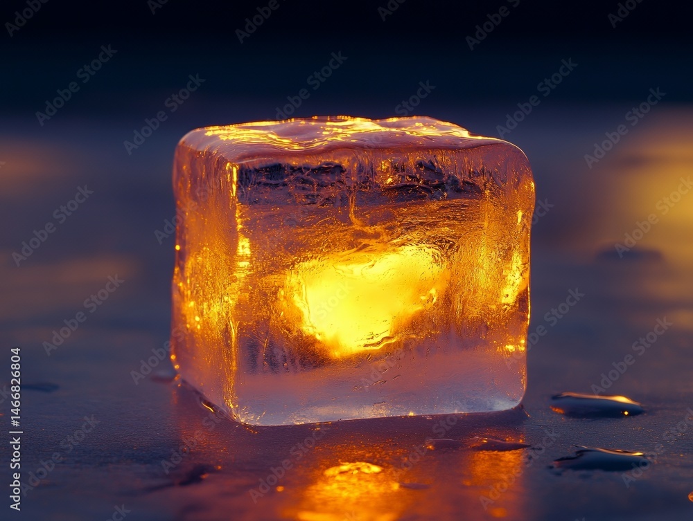 Poster glowing heart shaped ice cube in dark setting with soft reflection and ambient light