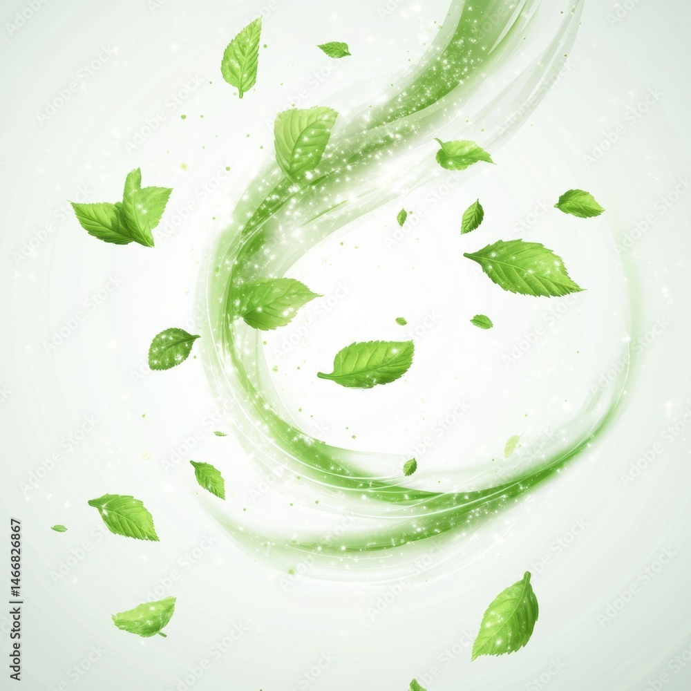 Poster fresh green leaves floating in abstract swirl design on white background studio shot for health and 