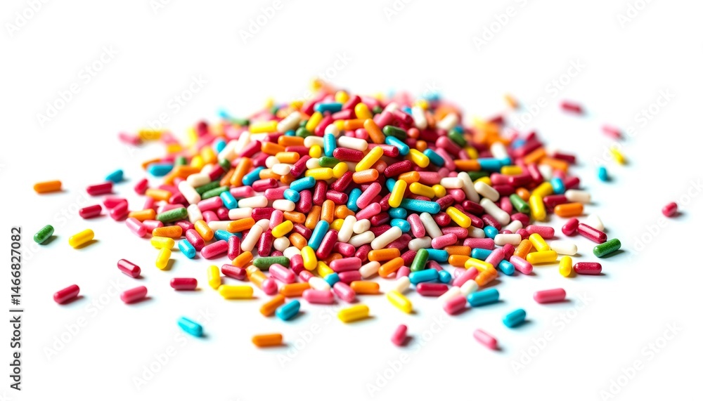 Poster a pile of colorful sprinkles on a white background. the sprinkles are in various colors and sizes, c