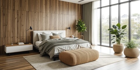 Modern Bedroom with Wooden Walls and Natural Light
