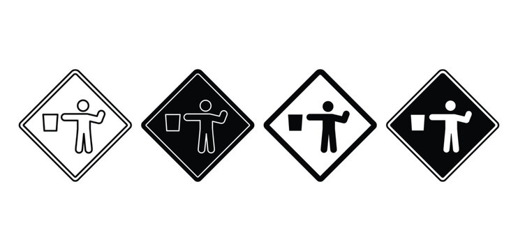 Flagger Ahead Icon Black and White Diamond Shaped Road Signs Vector Design Illustration