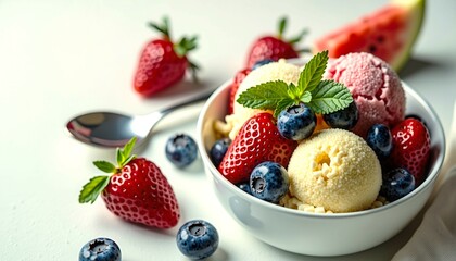 A bowl of ice cream with strawberries and blueberries. The bowl is white and the ice cream is pink and blue. There is a spoon in the bowl