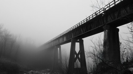 A fog-shrouded bridge leading endlessly into white mist, its vanishing point obscured, creating a mood of suspense and quiet mystery. 