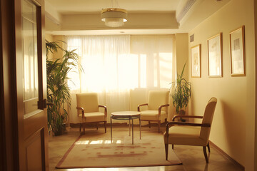 Sunlit Waiting Room with Beige Armchairs and Plants