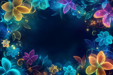 Enchanting neon floral frame vibrant colors glowing flowers magical dark background dreamy art