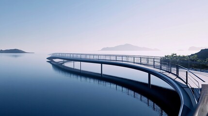Obraz premium A futuristic 3D visualization of a floating bridge, its sleek deck and supports rendered with high precision, connecting two islands over a tranquil sea. 