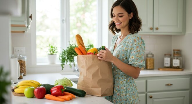 Woman unpacking groceries from a paper bag in a bright kitchen.