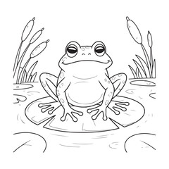 Coloring Page: Cute amphibian frog illustration on a lily pad in a peaceful pond setting.
