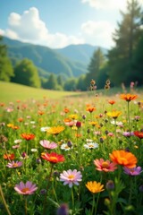 Obraz premium Vibrant wildflowers in full bloom across a sun-drenched meadow , bloom, wild, peaceful