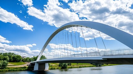 Fototapeta premium A futuristic white arch bridge with radiating cable supports, spanning a broad river under the intense clarity of a sunny blue sky. 