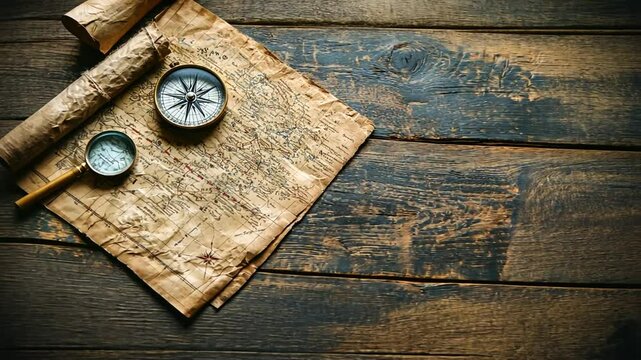 Antique scrolls compass wooden table