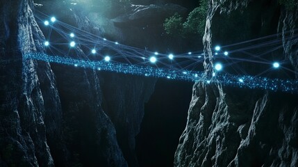 A glowing, futuristic bridge of interconnected networks spanning a vast digital chasm, symbolizing the effort to bridge the digital divide. 