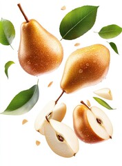 Obraz premium Juicy pears, fresh and ripe, falling with leaves