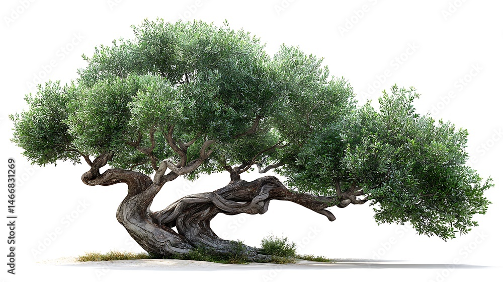 Poster beautiful olive tree with twisted trunk and dense green foliage isolated on white background