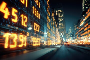 Night cityscape with dynamic stock ticker data displayed on building facades