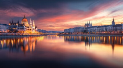 Naklejka premium Mesmerizing Reflection of Historical European Landmarks at Sunset Over Water in High Fidelity