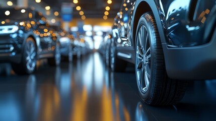 New Cars in a Row. Modern Vehicles in Stock at the Dealership. Automotive Industry Concept.