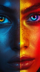 Naklejka premium A woman's face split in two halves with blue and red lighting, highlighting makeup and creating a contrasting, artistic visual narrative.