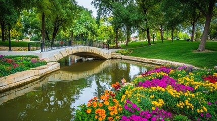 A graceful arched bridge in a park, its structure mirrored in the still water of a small river, with colorful flowers lining the banks.  
