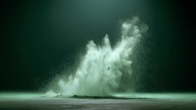 A dramatic underwater explosion creating a cloud of green particles in a dark, moody environment, evoking a sense of mystery