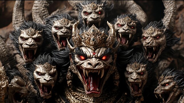 Multi-headed demonic creature, ferocious and powerful