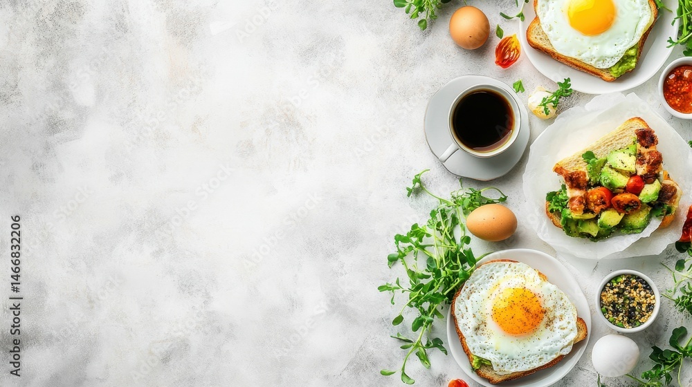 Poster overhead flat lay of breakfast toast with avocado and fried egg accompaniments on bright textured su
