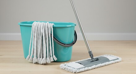 Displayed on a wooden floor, a teal cleaning bucket with a gray wringer accompanies a spin mop with a long silver handle and absorbent white microfiber pads