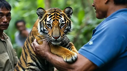 A man gently holds a tiger in a lush jungle, while another man observes, highlighting wildlife conservation efforts