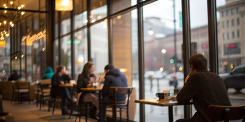 Cozy Caf&eacute; Interior with Large Windows Overlooking a City Street&mdash;Warm and Inviting Atmosphere