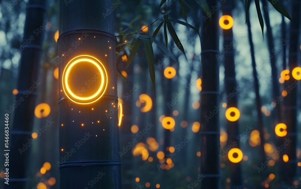 Poster enchanting forest scene with soft glowing lights and circular highlights in a mysterious atmosphere
