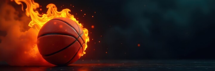 Fototapeta premium Fiery basketball engulfed in smoke against a stark black backdrop, element, art
