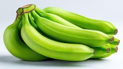 A vibrant bunch of ripe bananas with green stems, captured with natural lighting against a clean white background, exuding a tropical, fresh vibe. Perfect for food photography.