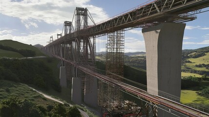 Fototapeta premium A high-speed railway bridge rising over a wide valley, its intricate scaffolding and heavy machinery highlighting the engineering effort involved. 